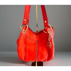 Michael Kors Moxley MD Orange Soft Leather Shoulder Bag Expandable Hobo Gold